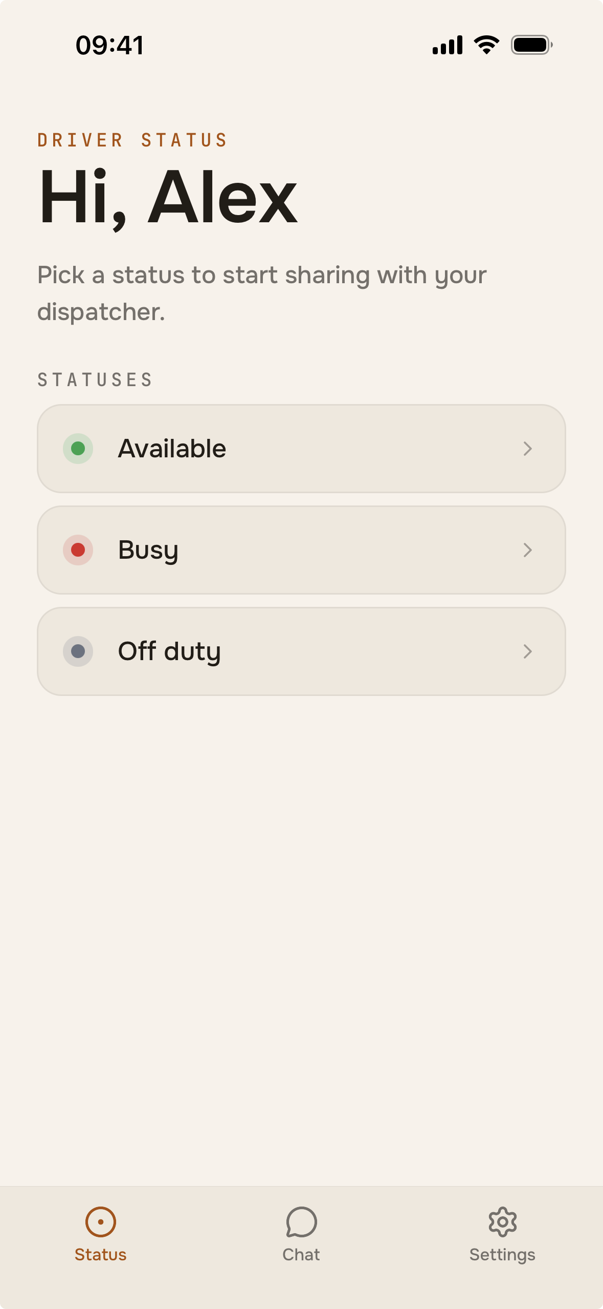 Demix app — driver status screen
